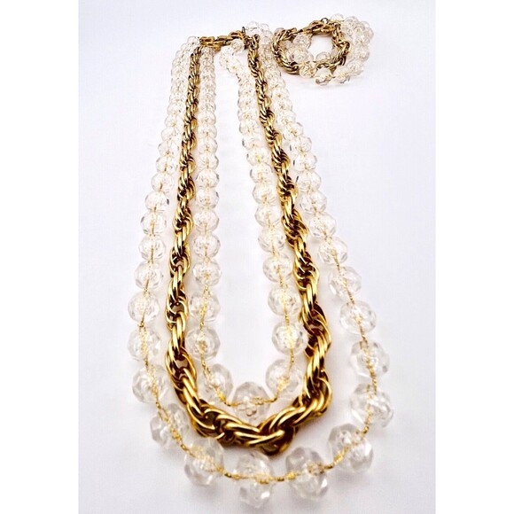 Sarah Coventry Jewelry - Sarah Coventry 3 Strand Crystal & Gold Tone Necklace & Bracelet Matching Set VTG